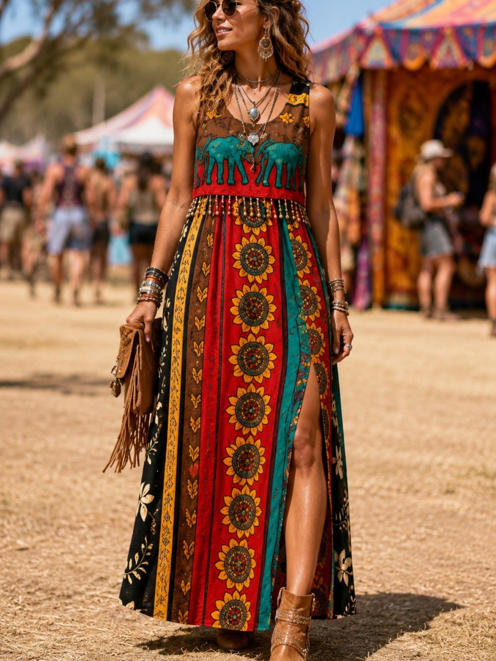 Vintage Just Choon California Rayon Elephant & Sunflower Print Dress